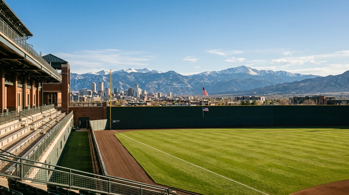 View of Coors Field in Denver with the Rocky Mountains in the background and a high totals line graphic
