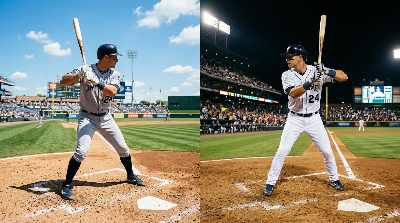 Split-screen of MLB day game and night game with batter facing different lighting