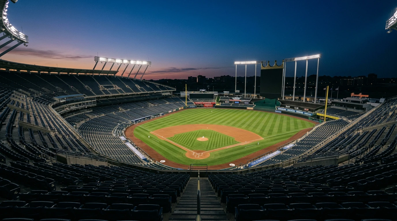 MLB ballpark at dusk seen from the upper deck, with the floodlights on and the diamond lit for first pitch.
