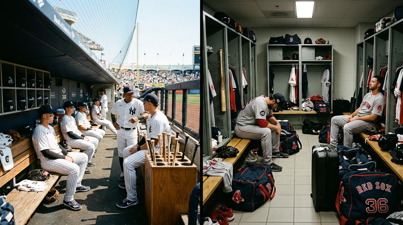 Split-screen graphic of MLB stadium home and away dugouts with run suppression overlay
