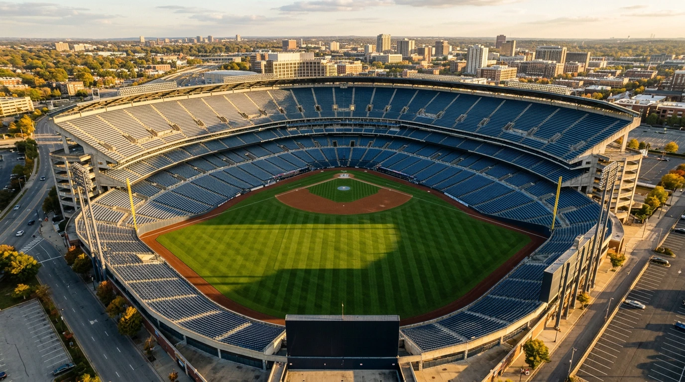Aerial composite of three MLB stadiums with park factor numerical overlays
