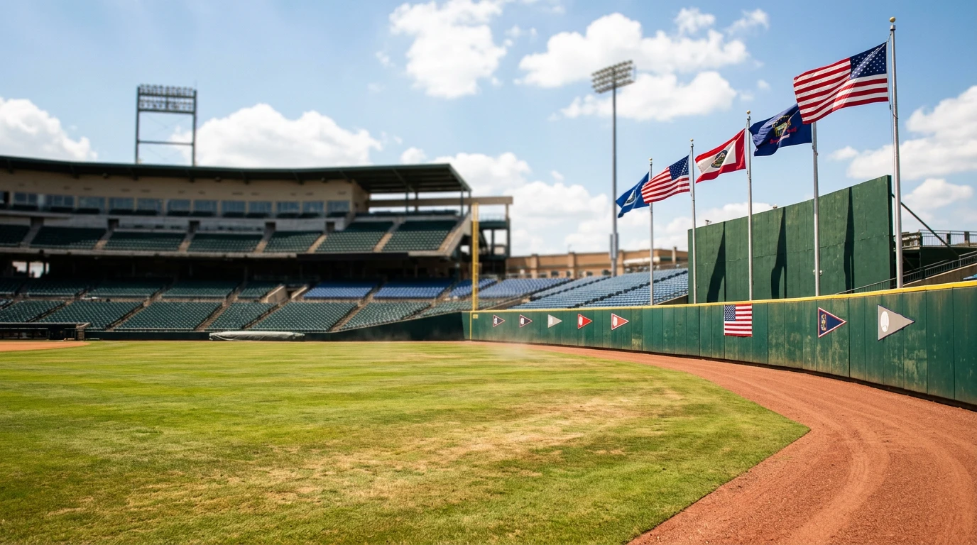 Outfield flags blowing toward centre field at an MLB ballpark on a hot summer afternoon, scoreboard visible.