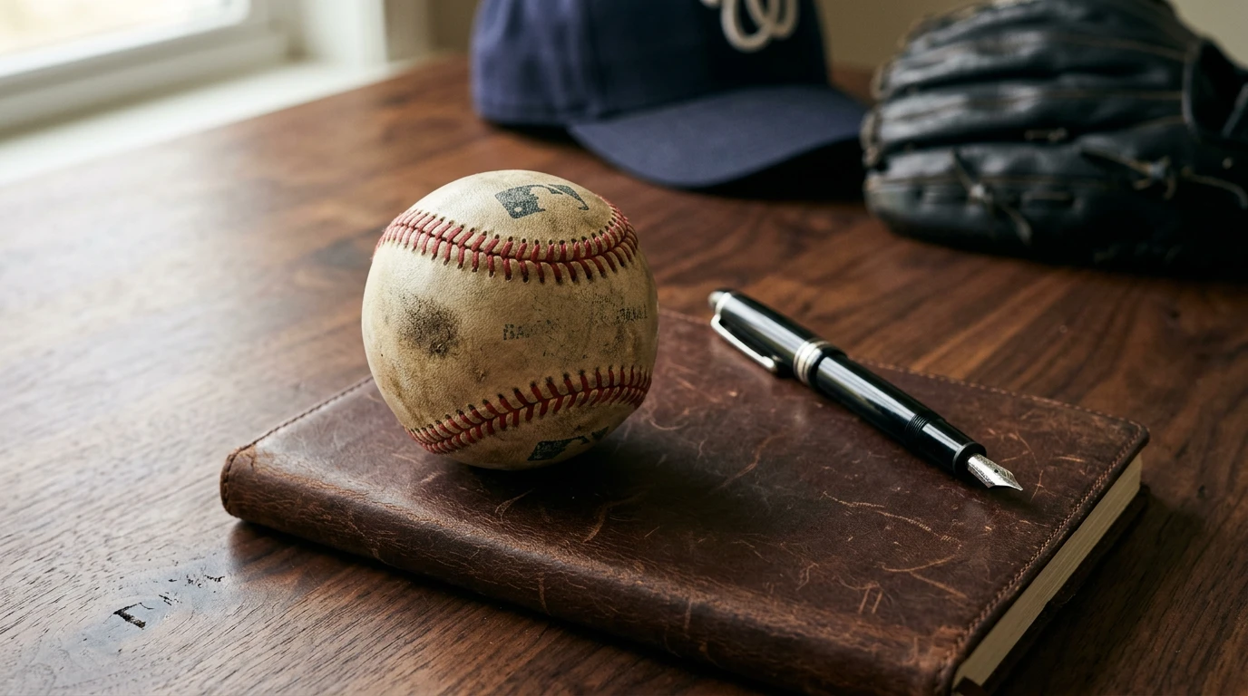 Worn baseball resting on a leather-bound notebook beside a fountain pen on a wooden desk