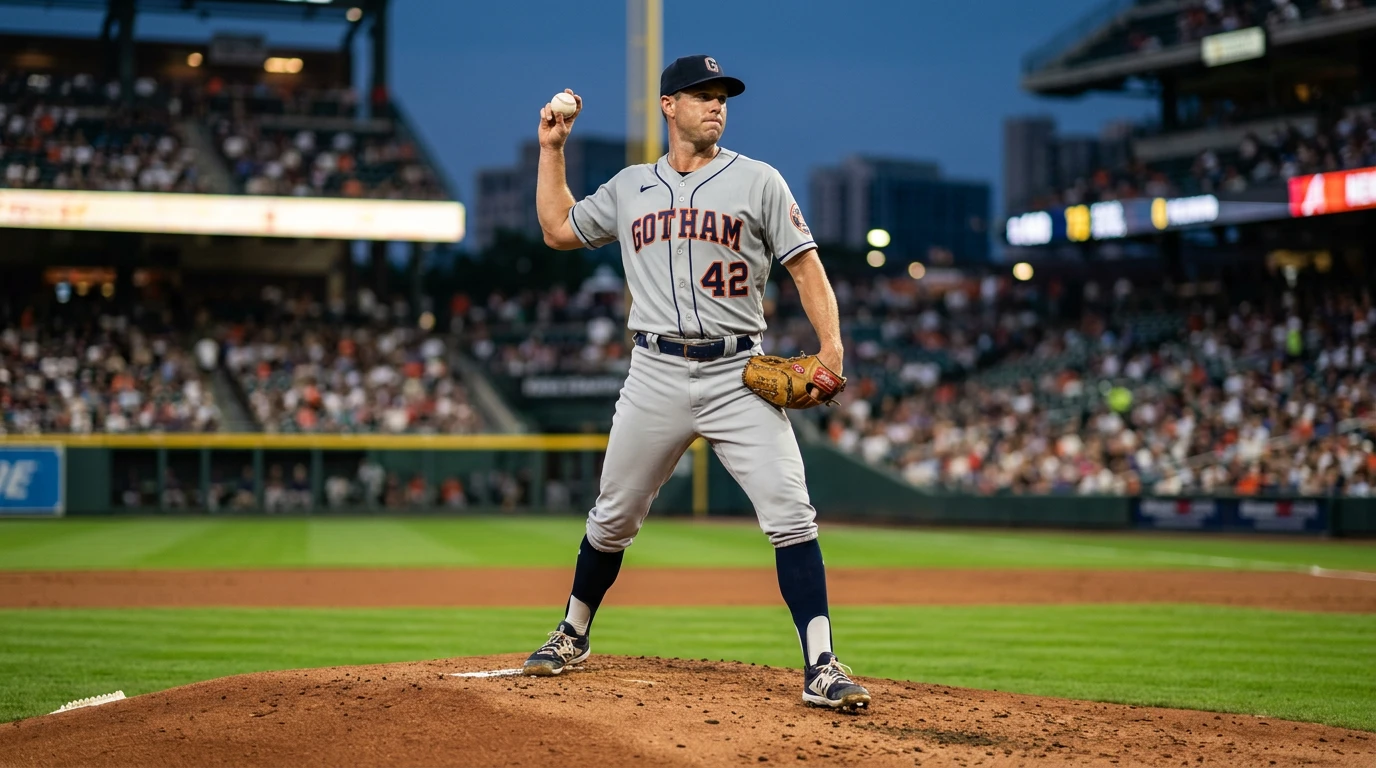 MLB pitcher beginning his delivery from the mound under stadium floodlights