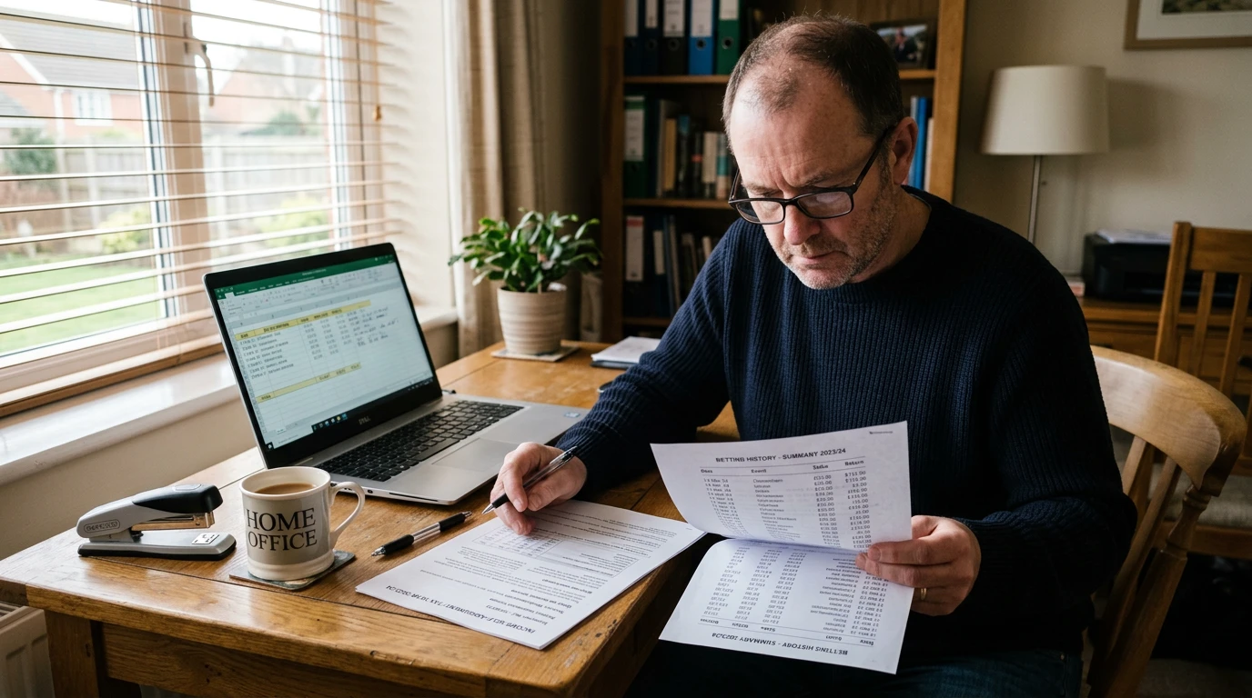 UK MLB punter reviewing tax records and bet history on a laptop with HMRC documentation visible