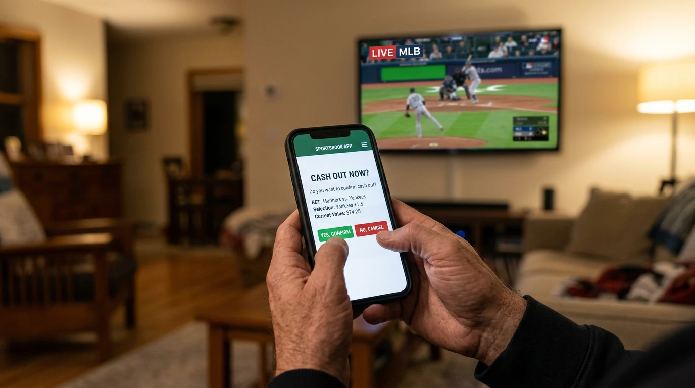 UK MLB punter weighing cash-out offer on smartphone during live baseball game