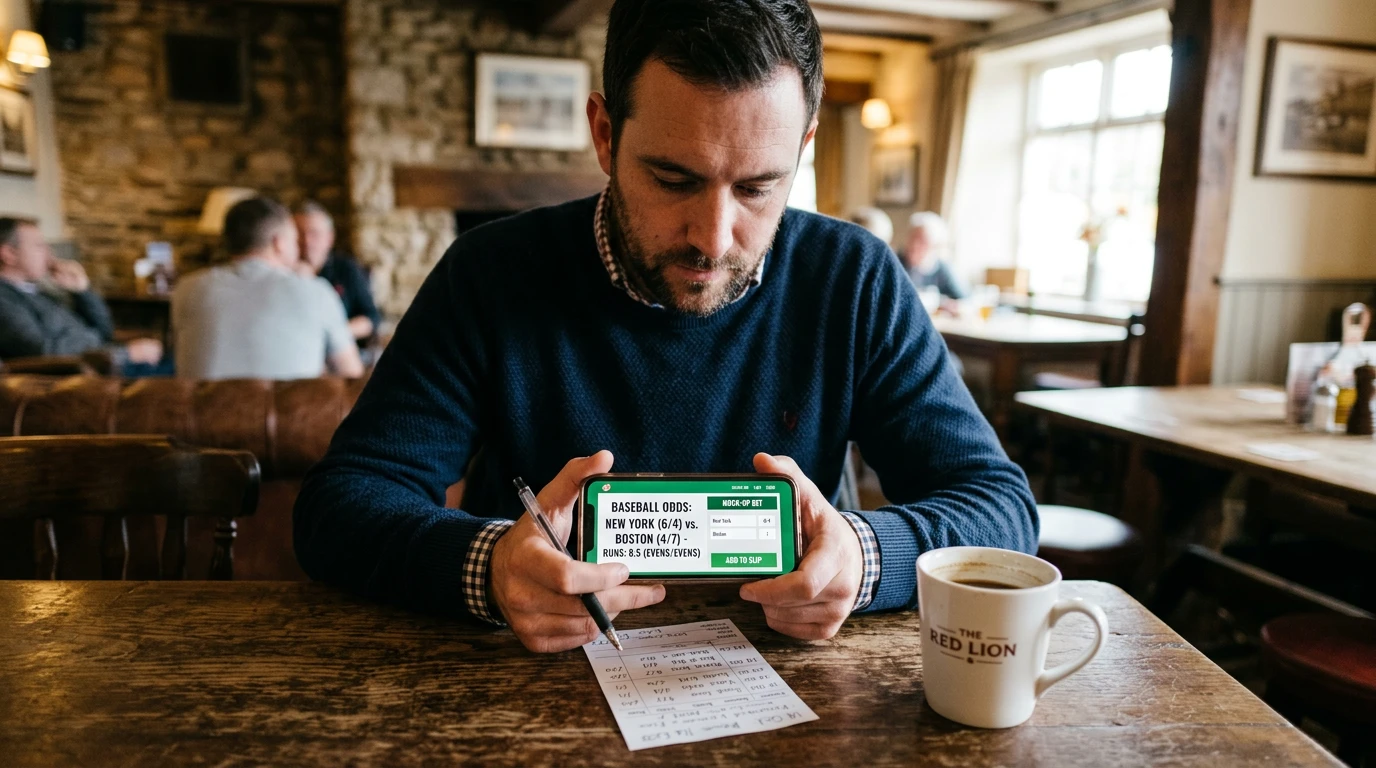 UK punter holding a smartphone showing an MLB sportsbook with fractional odds prominent, a betting slip on the desk