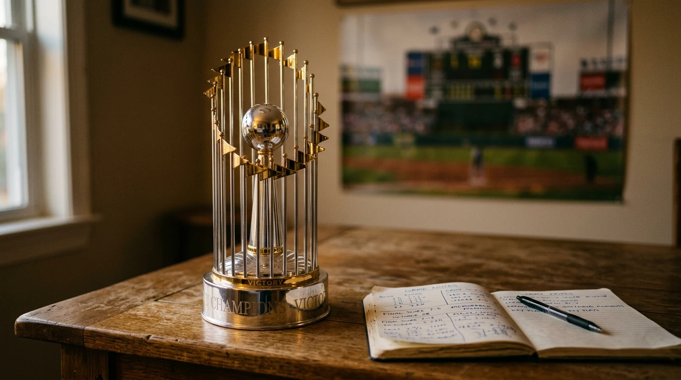 World Series trophy with MLB futures odds board and UK punter notebook overlay
