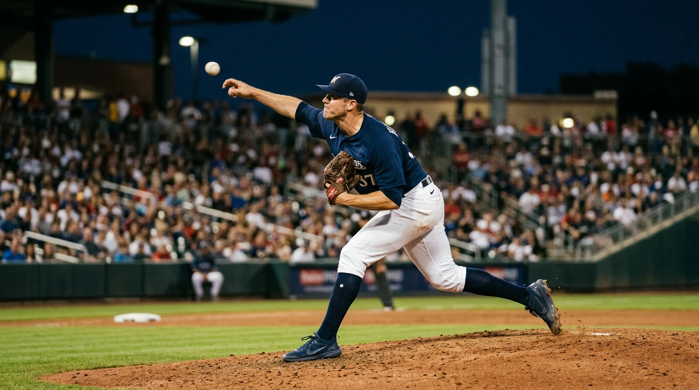 MLB starting pitcher mid-windup releasing the ball from the mound under stadium floodlights