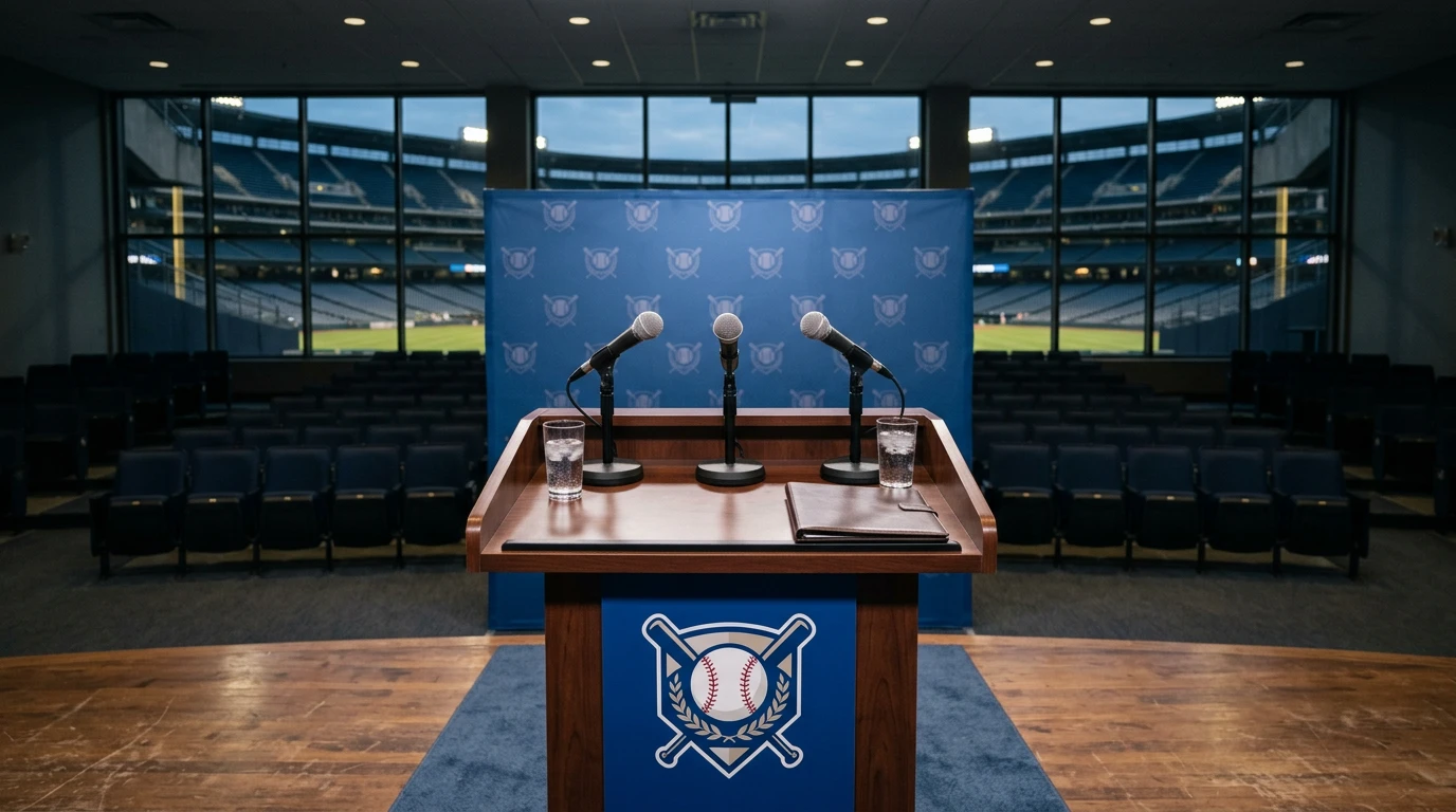 Empty press-conference podium at an MLB venue with the league logo on the front panel, microphones and water glasses set out before officials arrive.