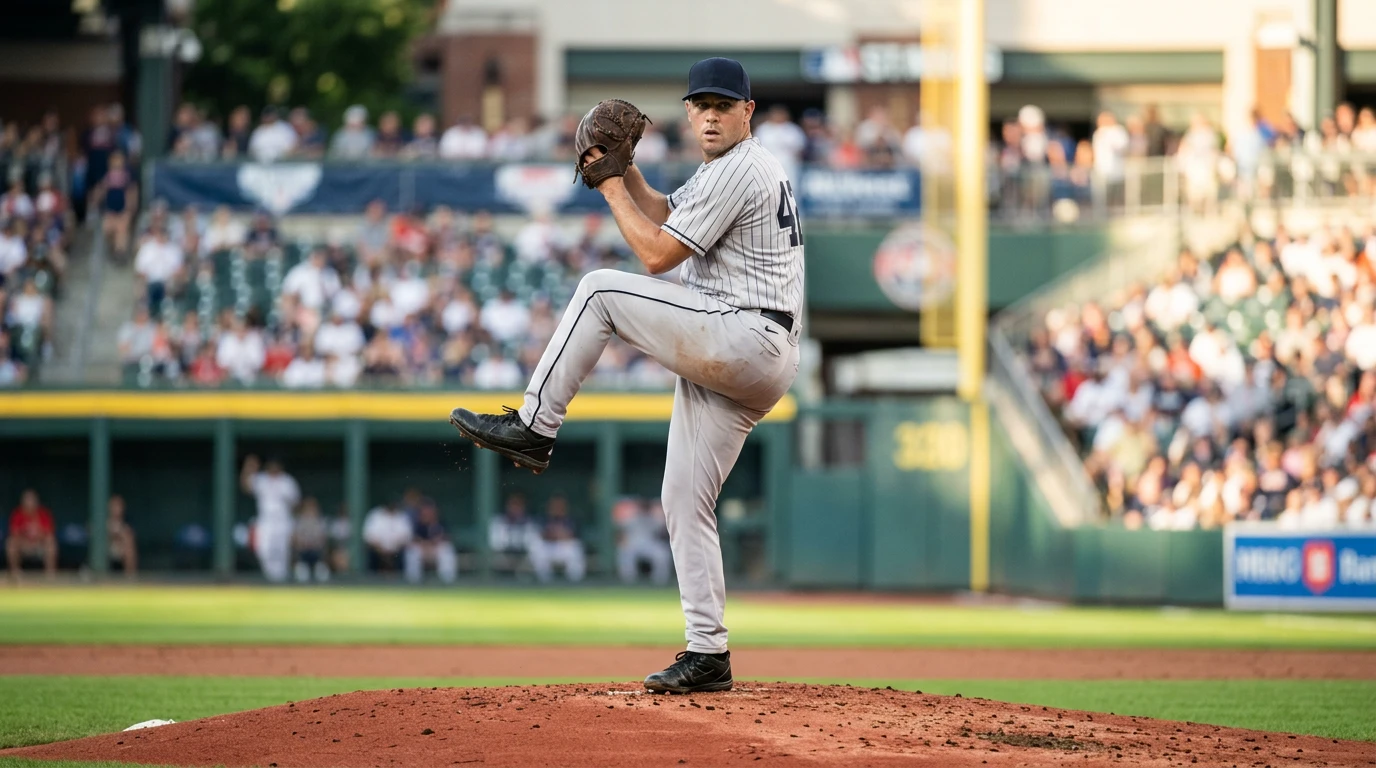 MLB starting pitcher on the mound at the top of his windup, glove raised, runners holding on first base.