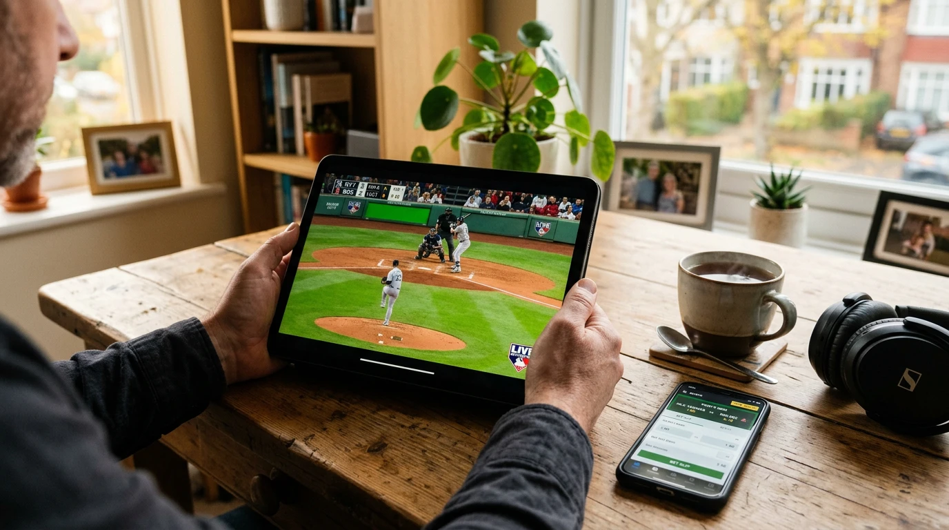 UK punter watching MLB on a tablet via international streaming with sportsbook open on phone