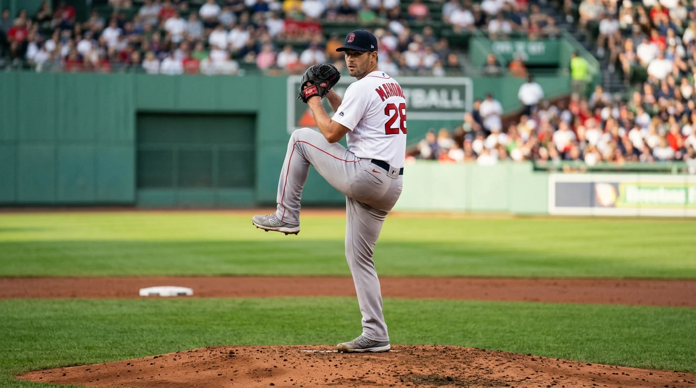 Pitcher mid-windup at the start of an MLB game with first-inning prop odds overlay