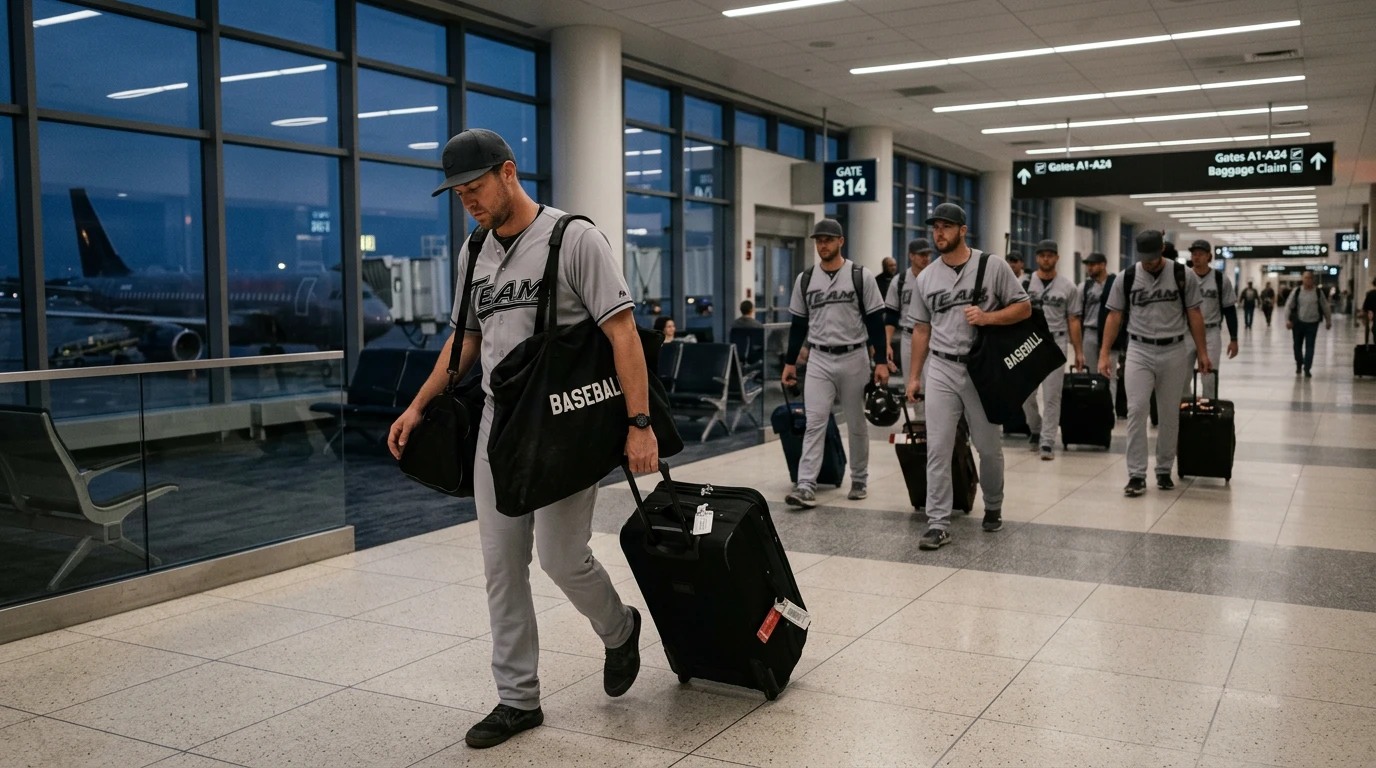 MLB team travelling with luggage at airport gate, plane departure board overlay