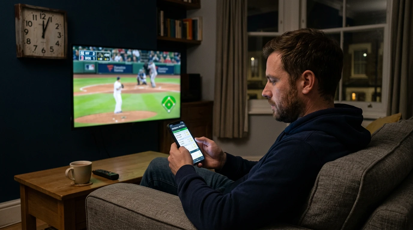 UK MLB punter checking late-night first pitch times on a phone with a baseball game on television