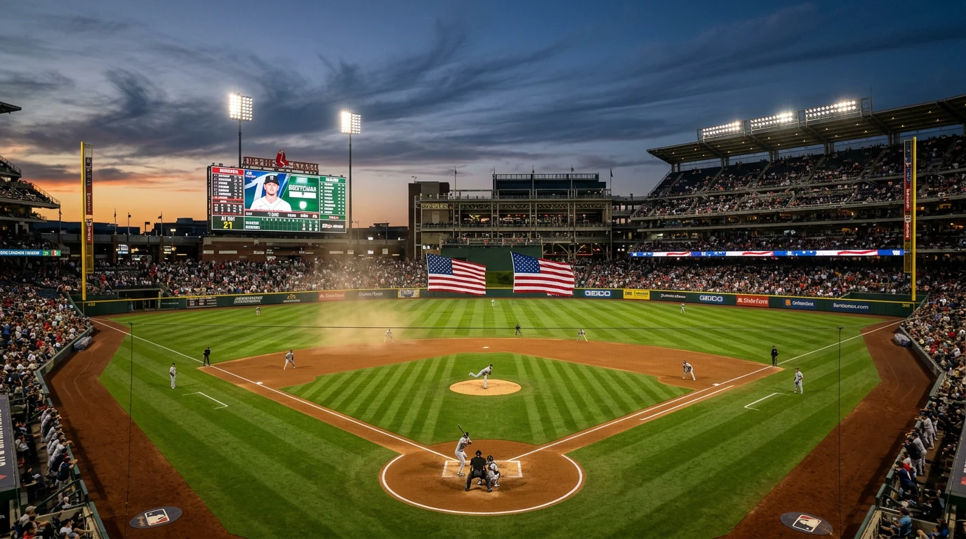 MLB ballpark at dusk with outfield flags fully extended in strong wind across centre field