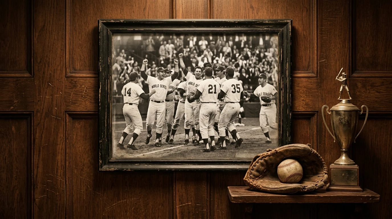 Vintage World Series scoreboard with historical odds figures and trophy silhouette